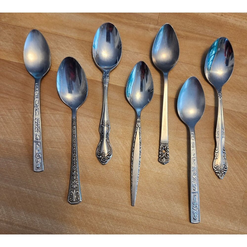 7- Mismatched Stainless Steel Teaspoons Floral Handles Various Designs